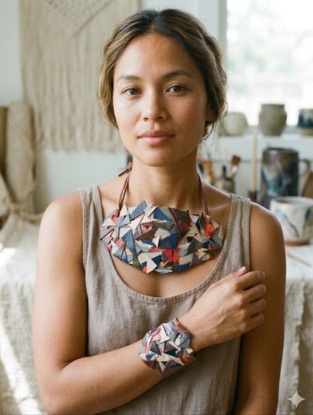 Artisan Handmade Patchwork Leather Necklace and 2 Bracelets Set Multicolored